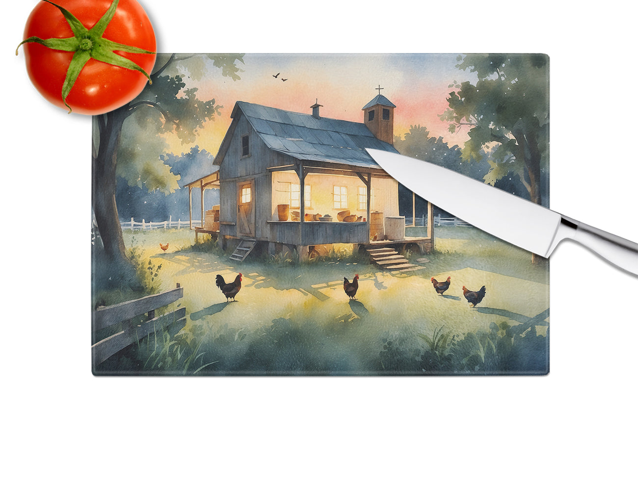 Chicken Coop at Dawn Cutting Board Tempered Glass Kitchen Cutting Surface, Heat Resistant Chopping, Non-Slip Feet, Food Prep & Serving