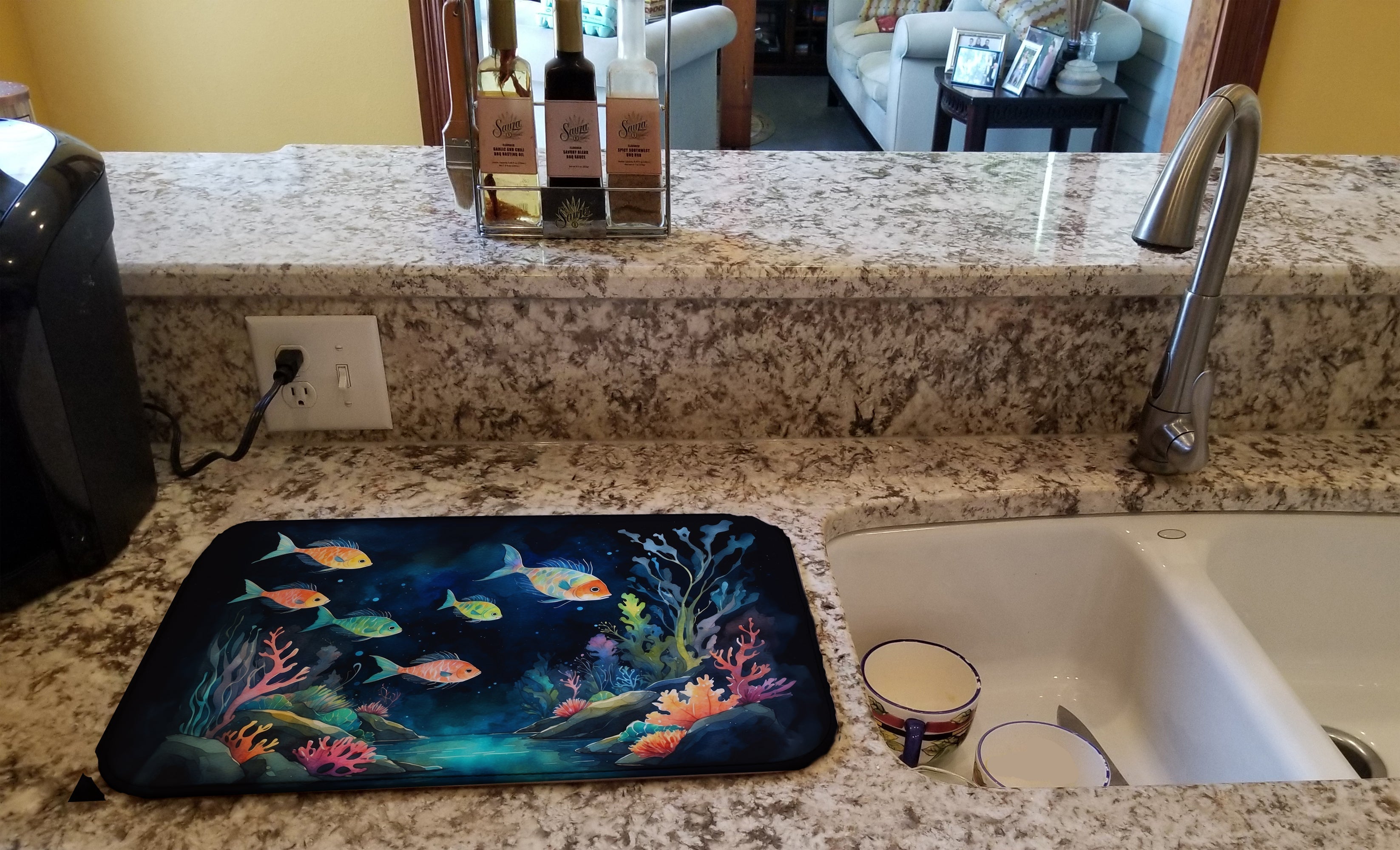 Bioluminescent Fish Dish Drying Mat Absorbent Dish Drying Mat Pad for Kitchen Counter Dish Drainer Mat for Countertop, 14 x 21", Multicolor