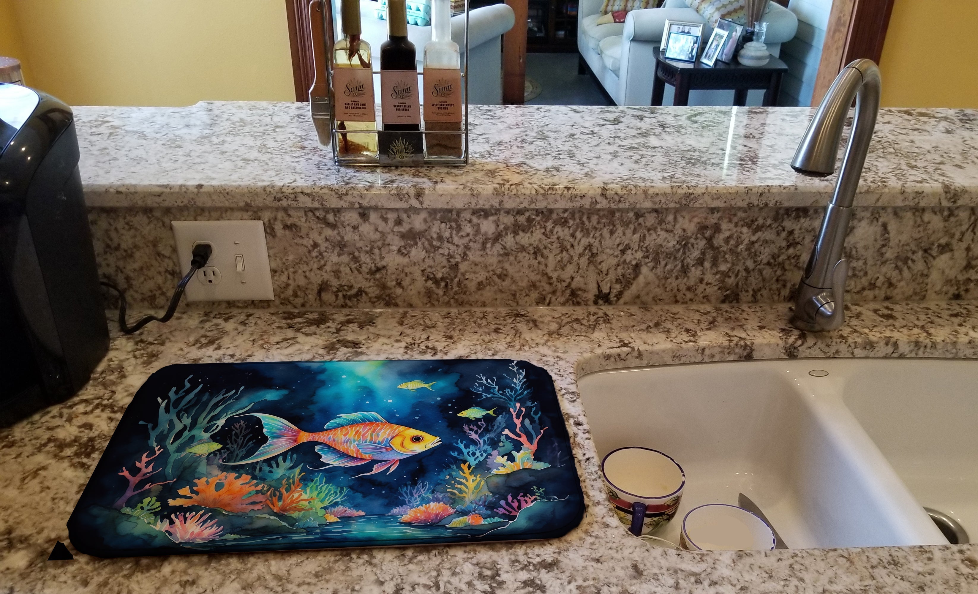 Bioluminescent Fish Dish Drying Mat Absorbent Dish Drying Mat Pad for Kitchen Counter Dish Drainer Mat for Countertop, 14 x 21", Multicolor