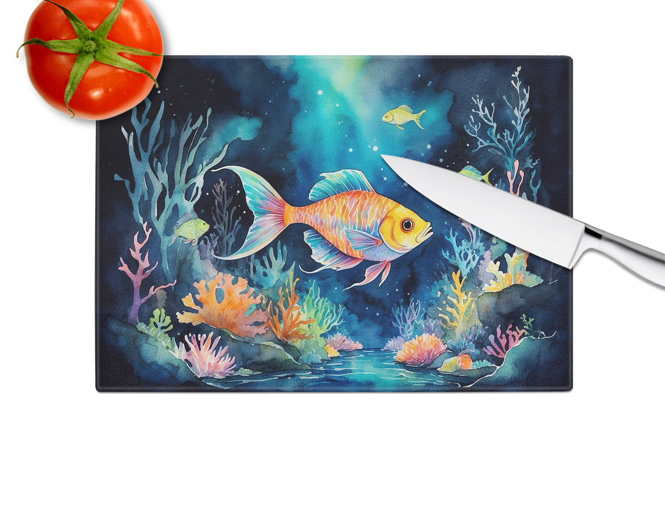 Bioluminescent Fish Cutting Board Tempered Glass Kitchen Cutting Surface, Heat Resistant Chopping, Non-Slip Feet, Food Prep & Serving
