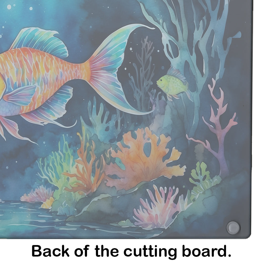 Bioluminescent Fish Cutting Board Tempered Glass Kitchen Cutting Surface, Heat Resistant Chopping, Non-Slip Feet, Food Prep & Serving