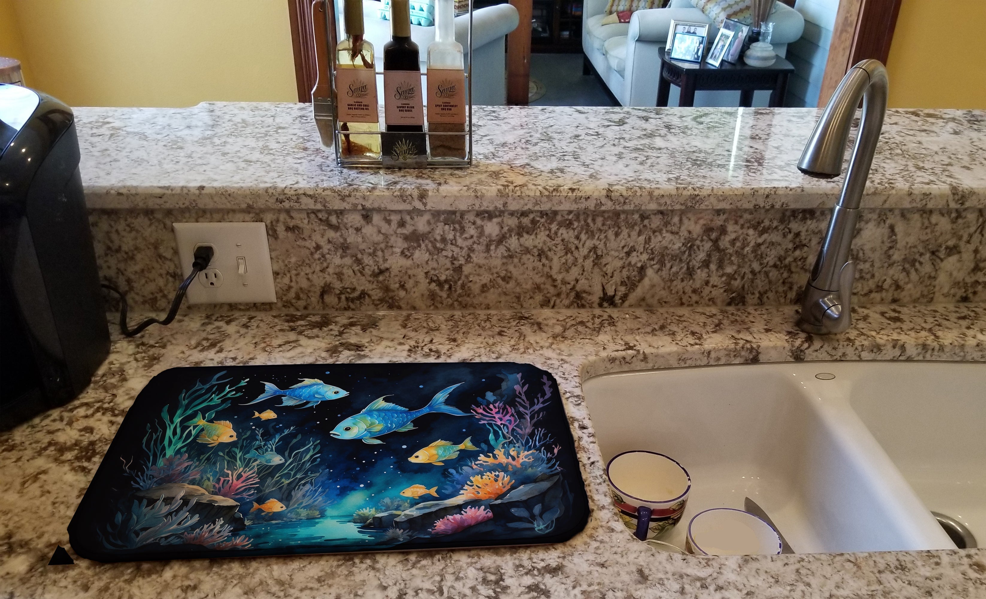 Bioluminescent Fish Dish Drying Mat Absorbent Dish Drying Mat Pad for Kitchen Counter Dish Drainer Mat for Countertop, 14 x 21", Multicolor