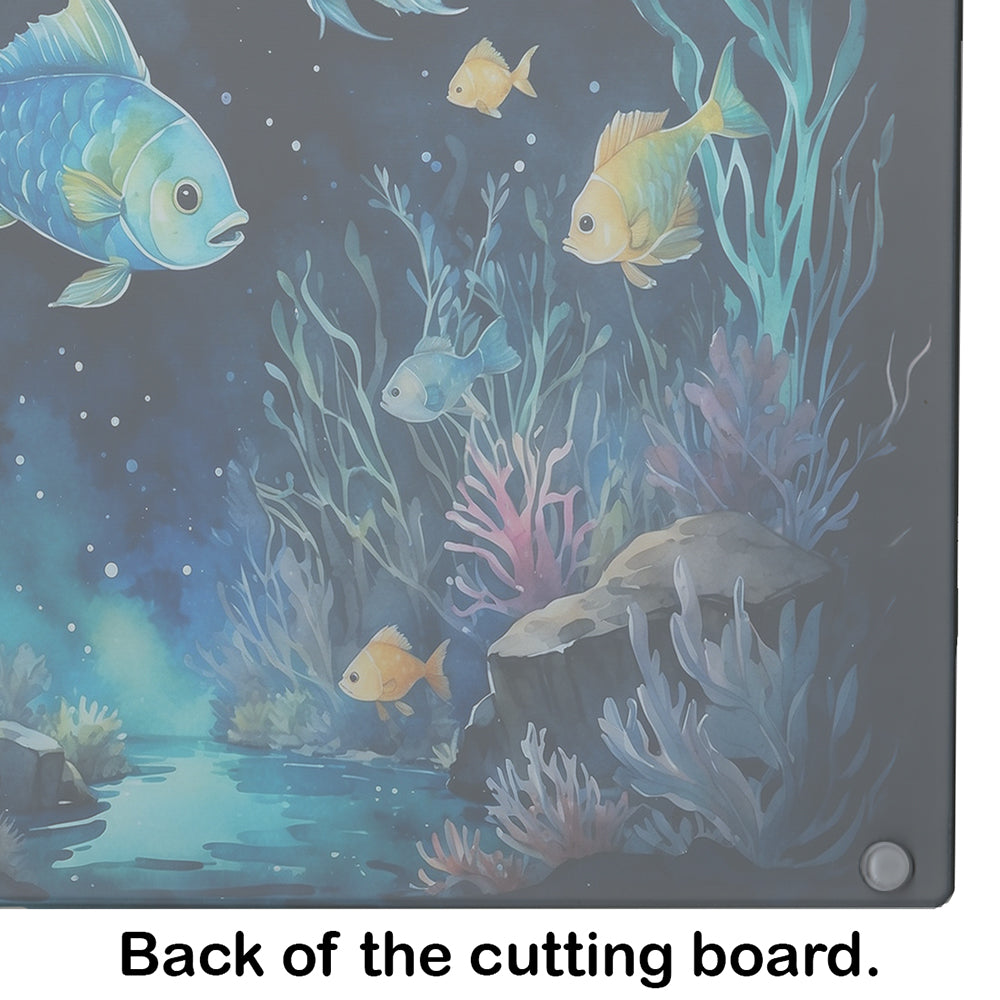Bioluminescent Fish Cutting Board Tempered Glass Kitchen Cutting Surface, Heat Resistant Chopping, Non-Slip Feet, Food Prep & Serving