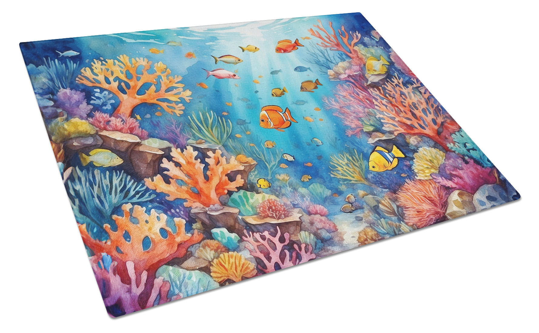 Coral and Fish Cutting Board Tempered Glass Kitchen Cutting Surface, Heat Resistant Chopping, Non-Slip Feet, Food Prep & Serving