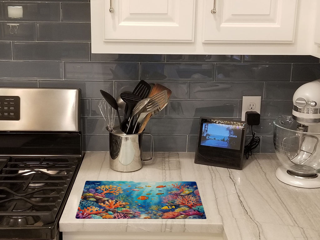 Coral and Fish Cutting Board Tempered Glass Kitchen Cutting Surface, Heat Resistant Chopping, Non-Slip Feet, Food Prep & Serving