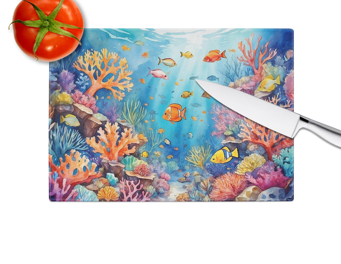 Coral and Fish Cutting Board Tempered Glass Kitchen Cutting Surface, Heat Resistant Chopping, Non-Slip Feet, Food Prep & Serving
