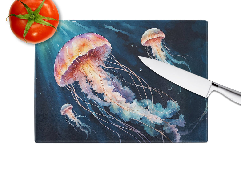 Deep-Sea Jellyfish Cutting Board Tempered Glass Kitchen Cutting Surface, Heat Resistant Chopping, Non-Slip Feet, Food Prep & Serving