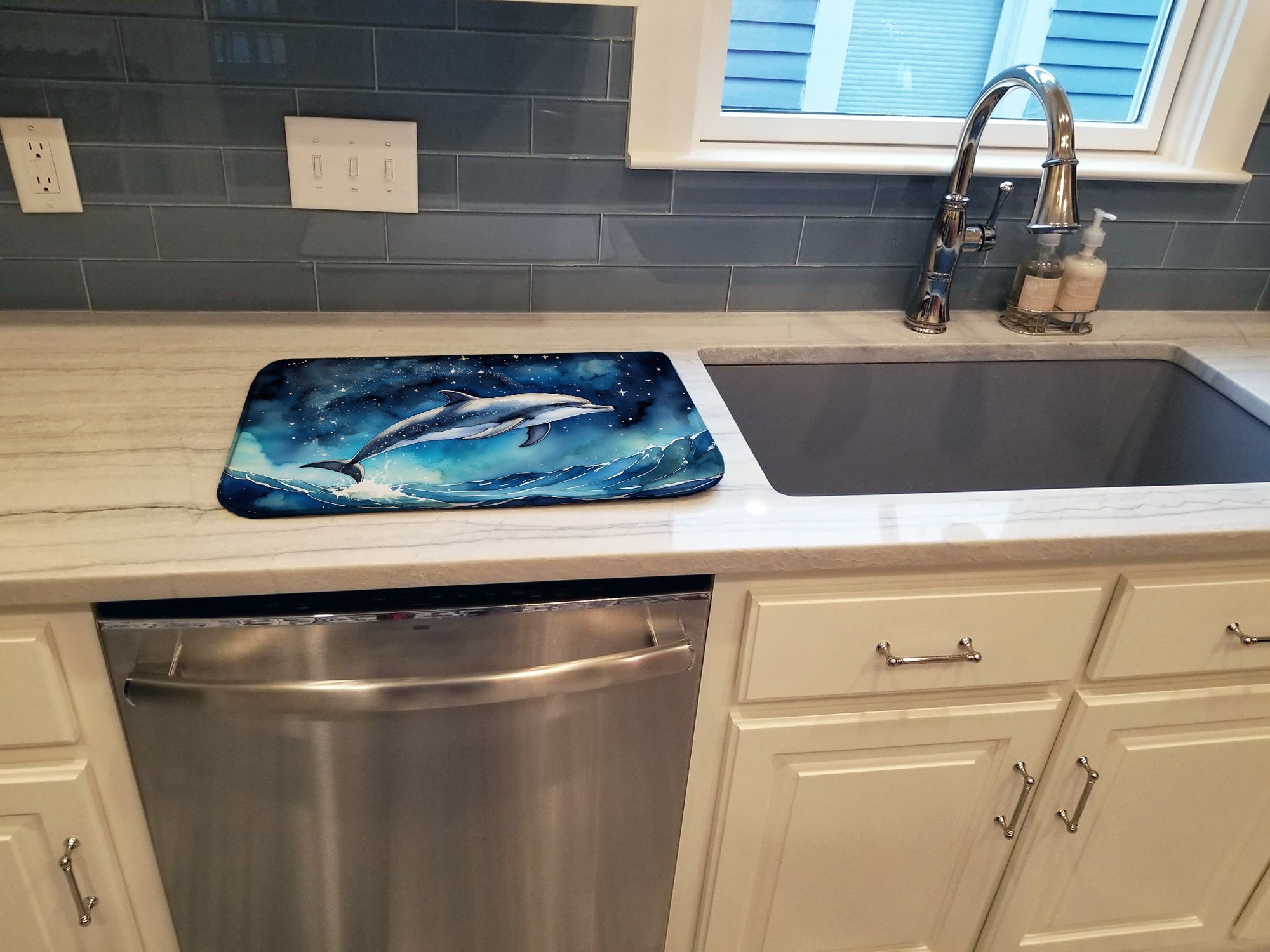 Dolphin in a Starry Sea Dish Drying Mat Absorbent Dish Drying Mat Pad for Kitchen Counter Dish Drainer Mat for Countertop, 14 x 21", Multicolor