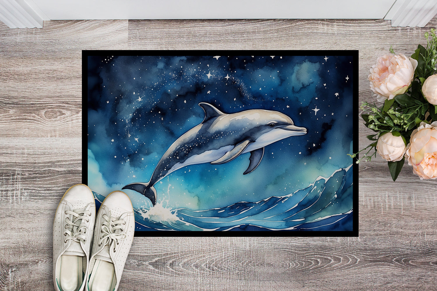 Dolphin in a Starry Sea Doormat Indoor Outdoor 24H X 36W Front Door Mat Rugs for Entryway, Non Slip Washable Low Pile,