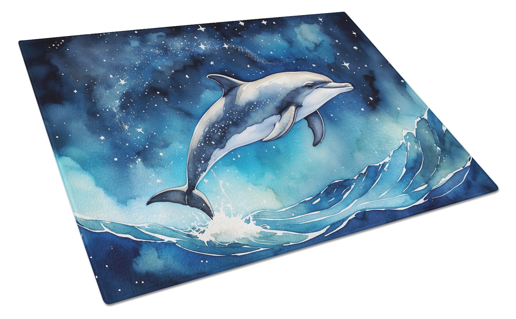 Dolphin in a Starry Sea Cutting Board Tempered Glass Kitchen Cutting Surface, Heat Resistant Chopping, Non-Slip Feet, Food Prep & Serving