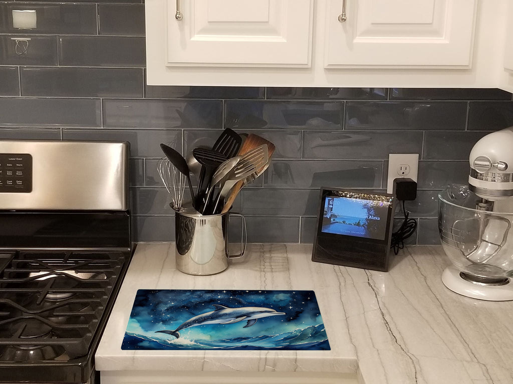 Dolphin in a Starry Sea Cutting Board Tempered Glass Kitchen Cutting Surface, Heat Resistant Chopping, Non-Slip Feet, Food Prep & Serving