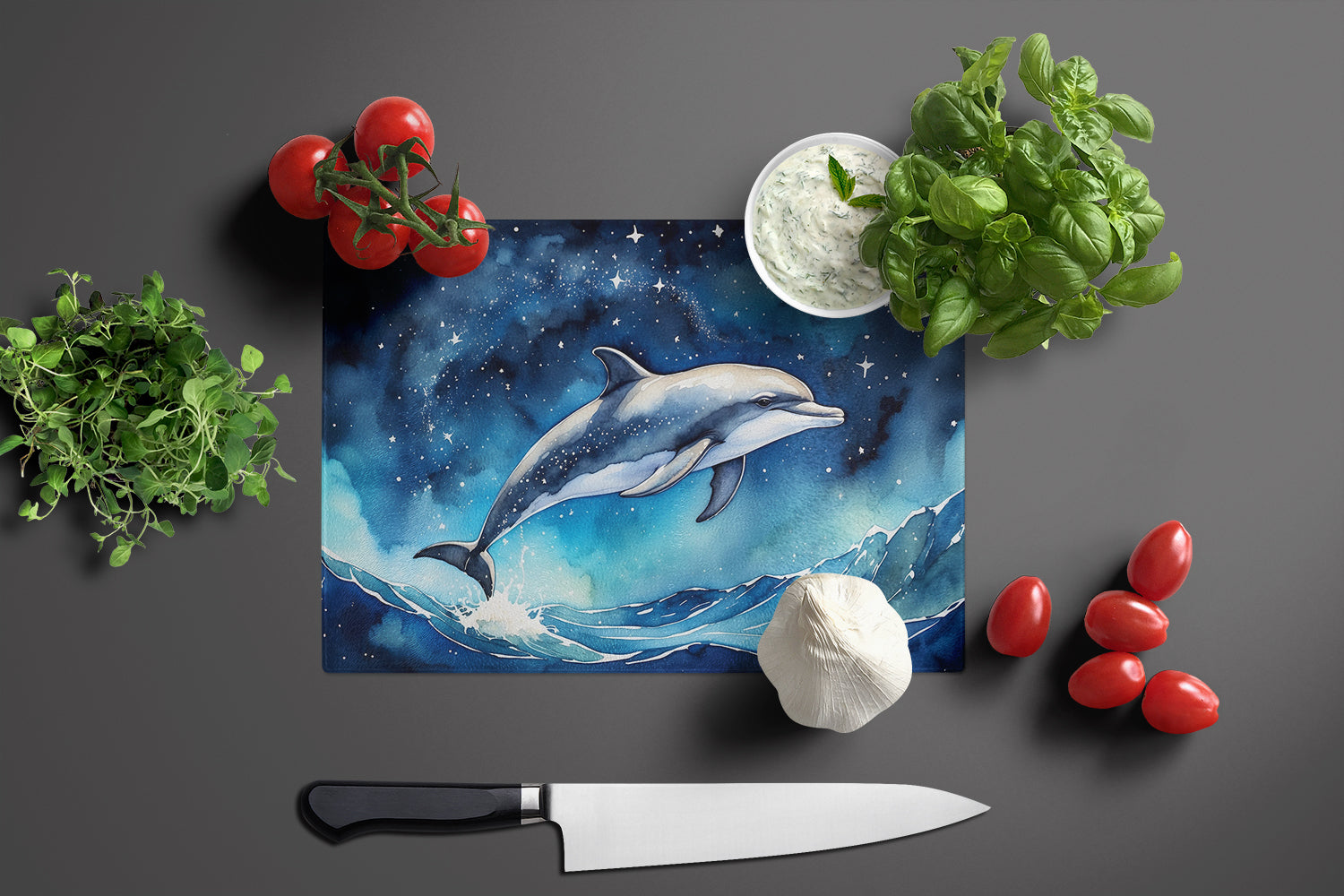 Dolphin in a Starry Sea Cutting Board Tempered Glass Kitchen Cutting Surface, Heat Resistant Chopping, Non-Slip Feet, Food Prep & Serving