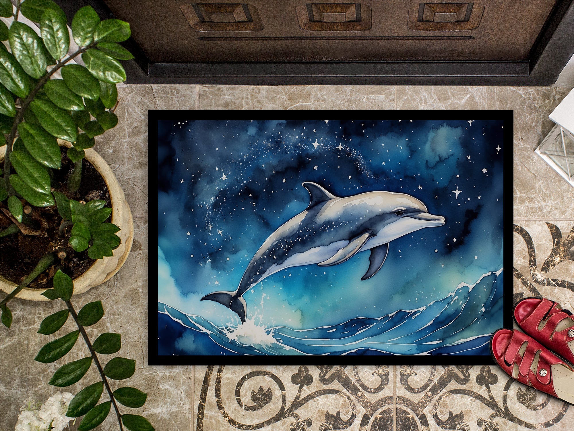 Dolphin in a Starry Sea Doormat Indoor Outdoor 18H X 27W Front Door Mat Rugs for Entryway, Non Slip Washable