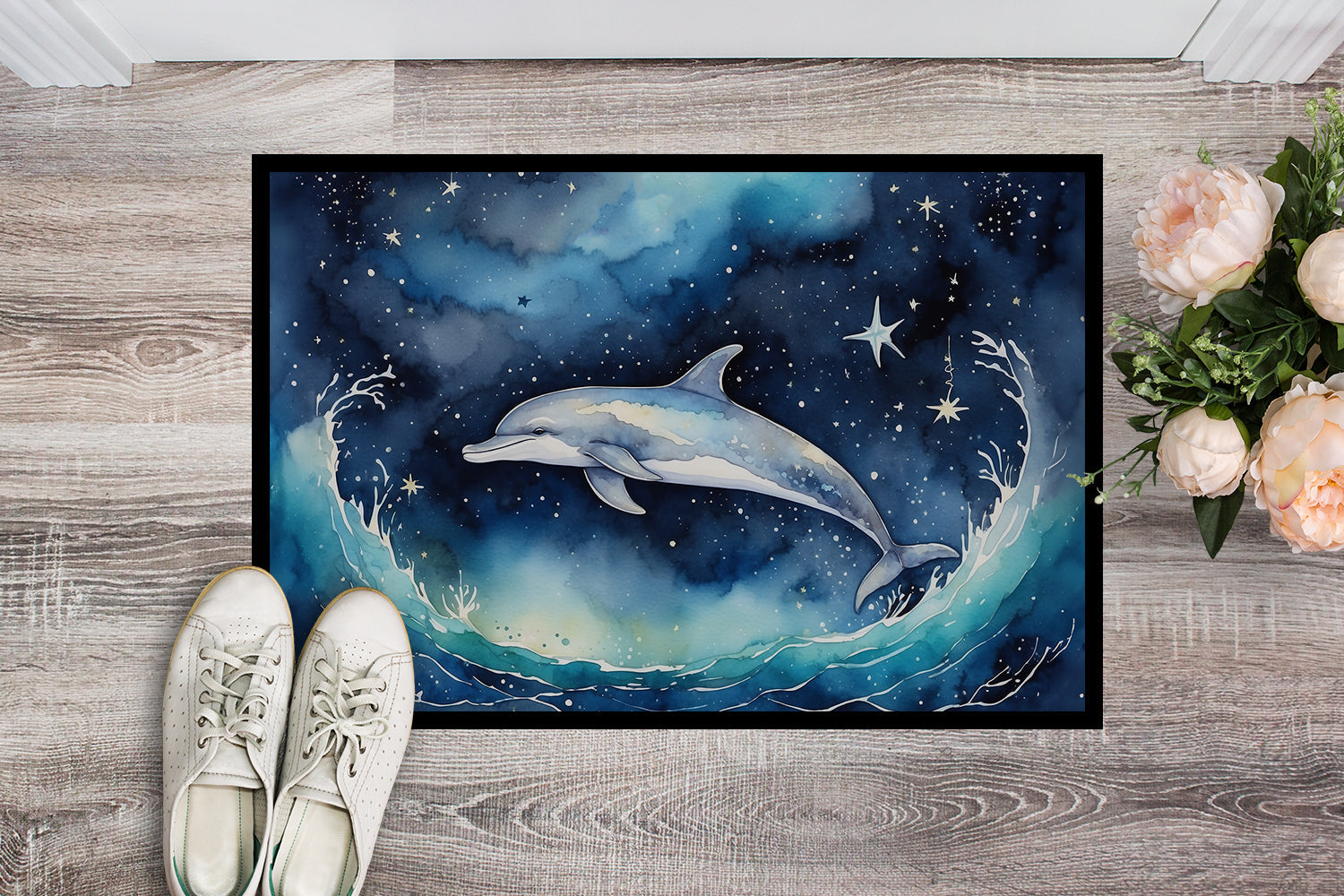 Dolphin in a Starry Sea Doormat Indoor Outdoor 24H X 36W Front Door Mat Rugs for Entryway, Non Slip Washable Low Pile,