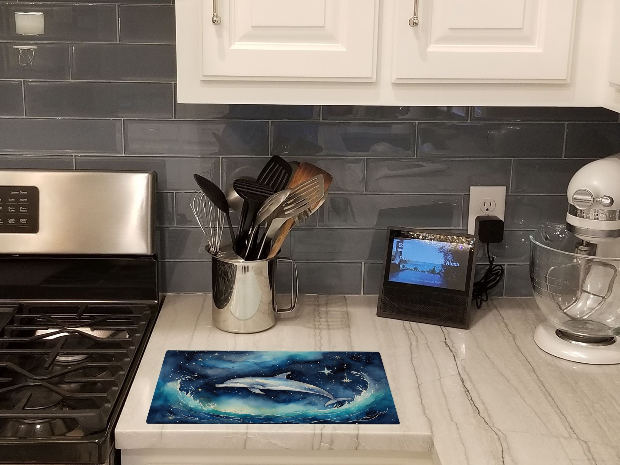 Dolphin in a Starry Sea Cutting Board Tempered Glass Kitchen Cutting Surface, Heat Resistant Chopping, Non-Slip Feet, Food Prep & Serving