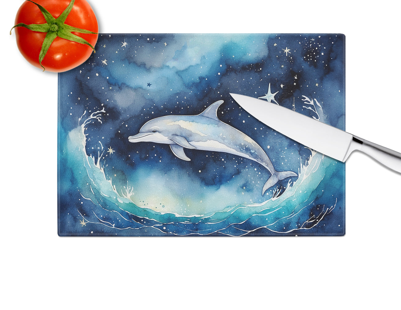 Dolphin in a Starry Sea Cutting Board Tempered Glass Kitchen Cutting Surface, Heat Resistant Chopping, Non-Slip Feet, Food Prep & Serving