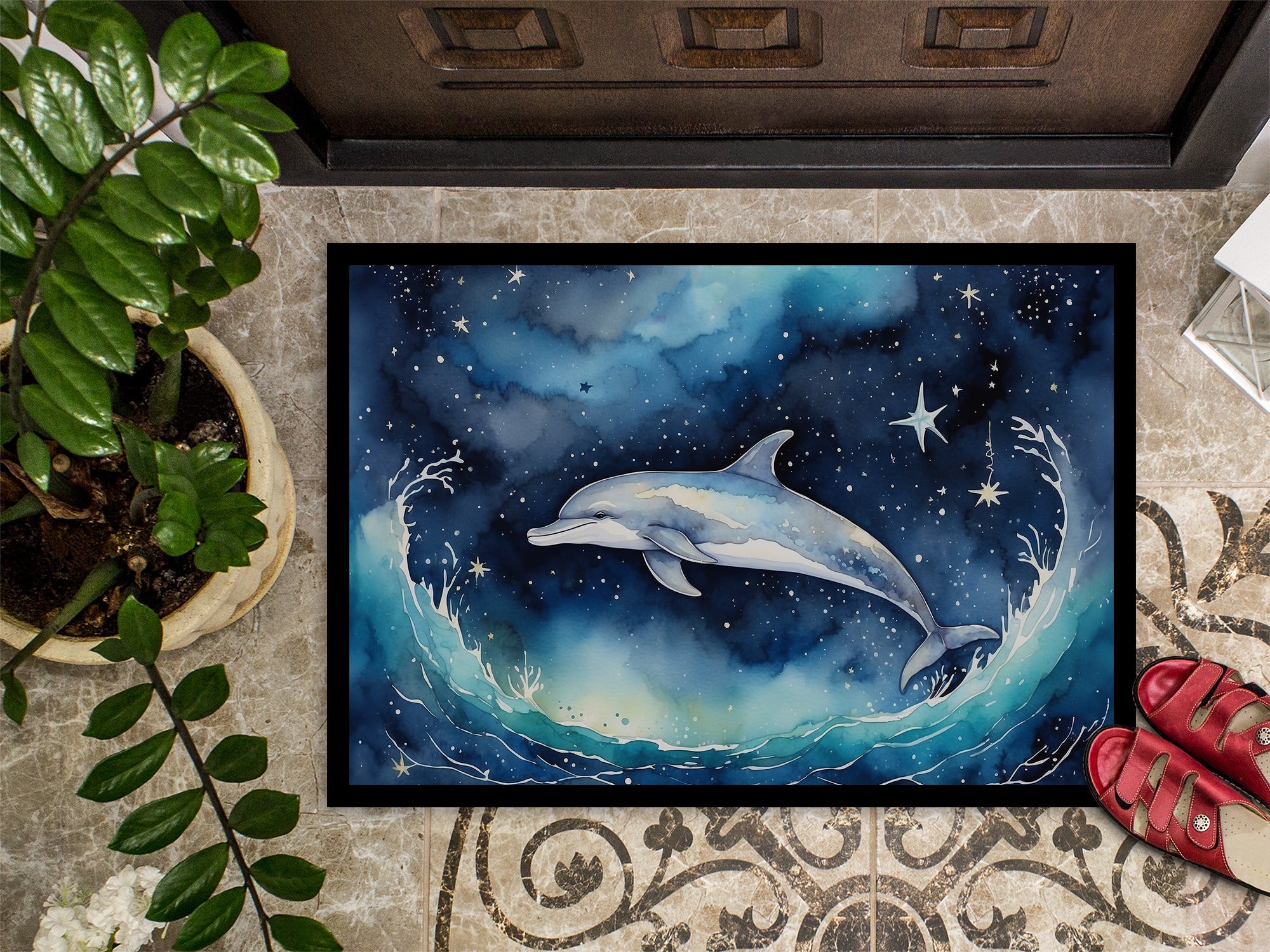 Dolphin in a Starry Sea Doormat Indoor Outdoor 18H X 27W Front Door Mat Rugs for Entryway, Non Slip Washable
