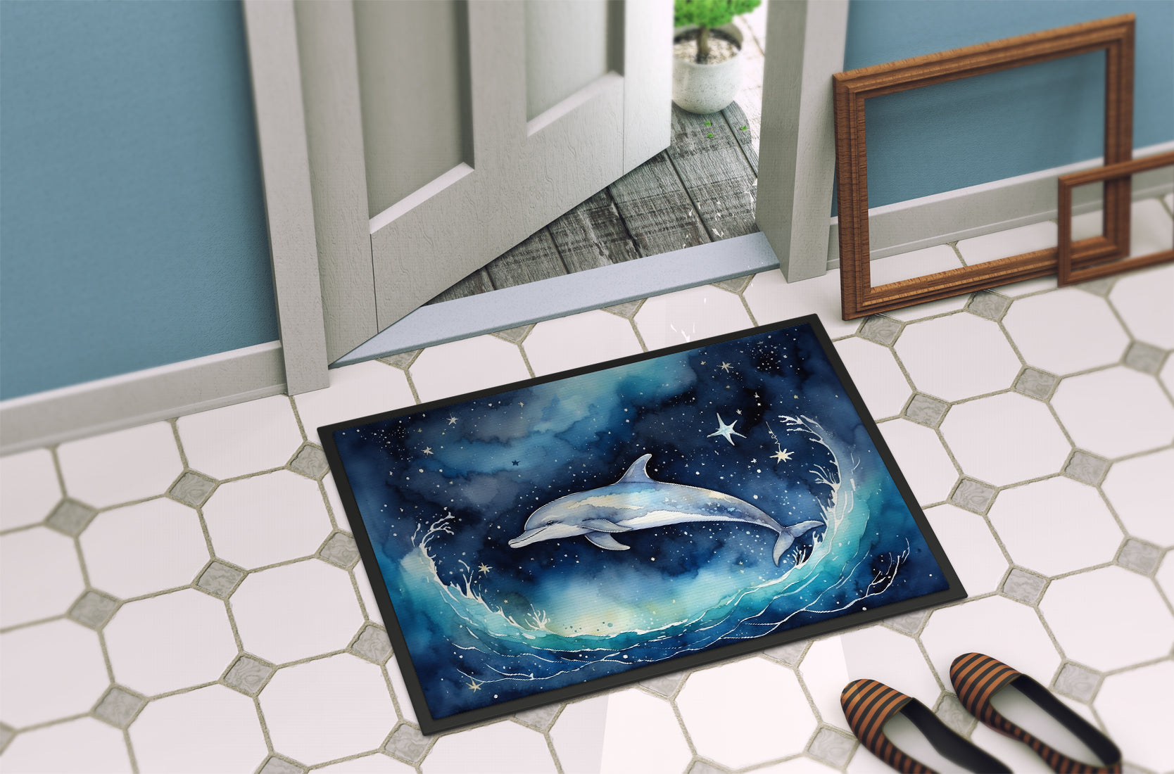 Dolphin in a Starry Sea Doormat Indoor Outdoor 18H X 27W Front Door Mat Rugs for Entryway, Non Slip Washable