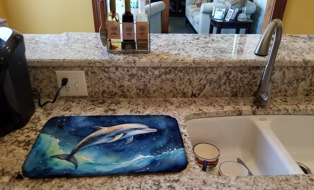 Dolphin in a Starry Sea Dish Drying Mat Absorbent Dish Drying Mat Pad for Kitchen Counter Dish Drainer Mat for Countertop, 14 x 21", Multicolor