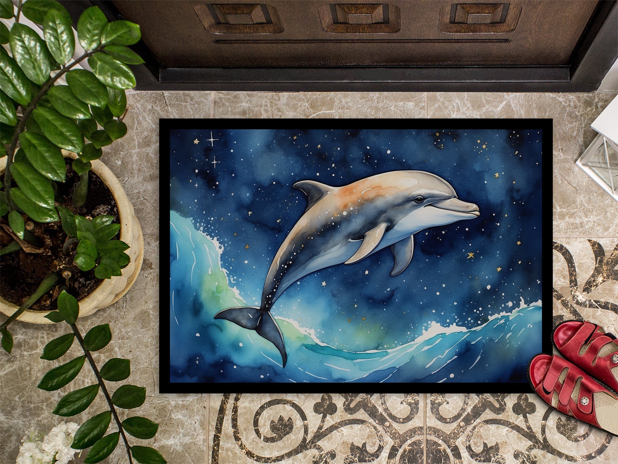 Dolphin in a Starry Sea Doormat Indoor Outdoor 24H X 36W Front Door Mat Rugs for Entryway, Non Slip Washable Low Pile,