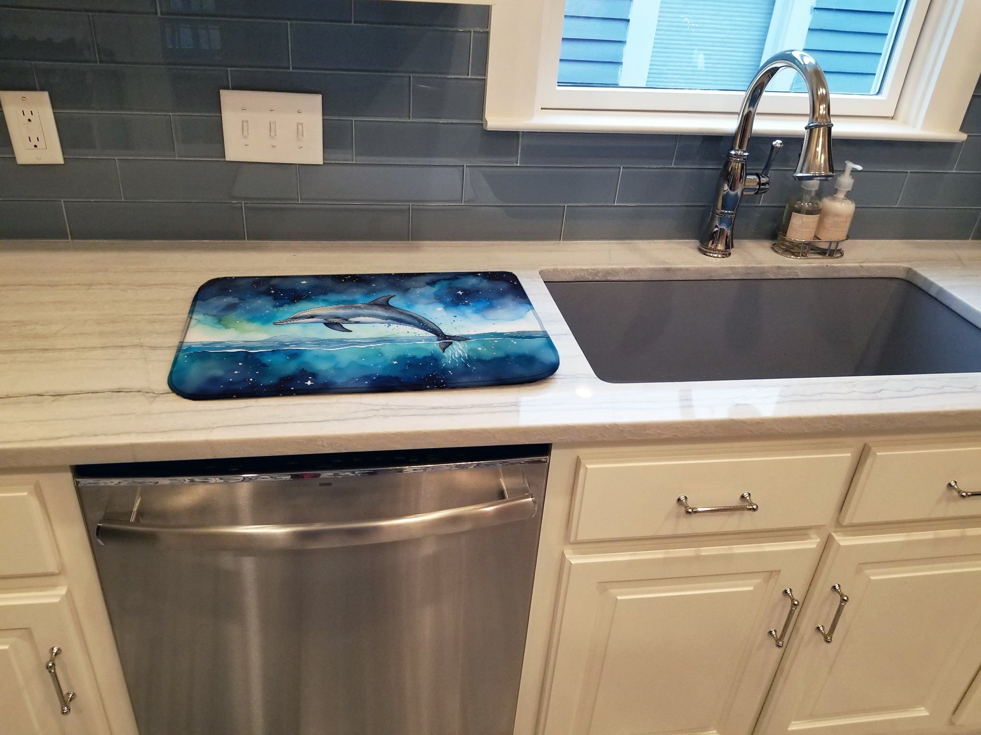 Dolphin in a Starry Sea Dish Drying Mat Absorbent Dish Drying Mat Pad for Kitchen Counter Dish Drainer Mat for Countertop, 14 x 21", Multicolor