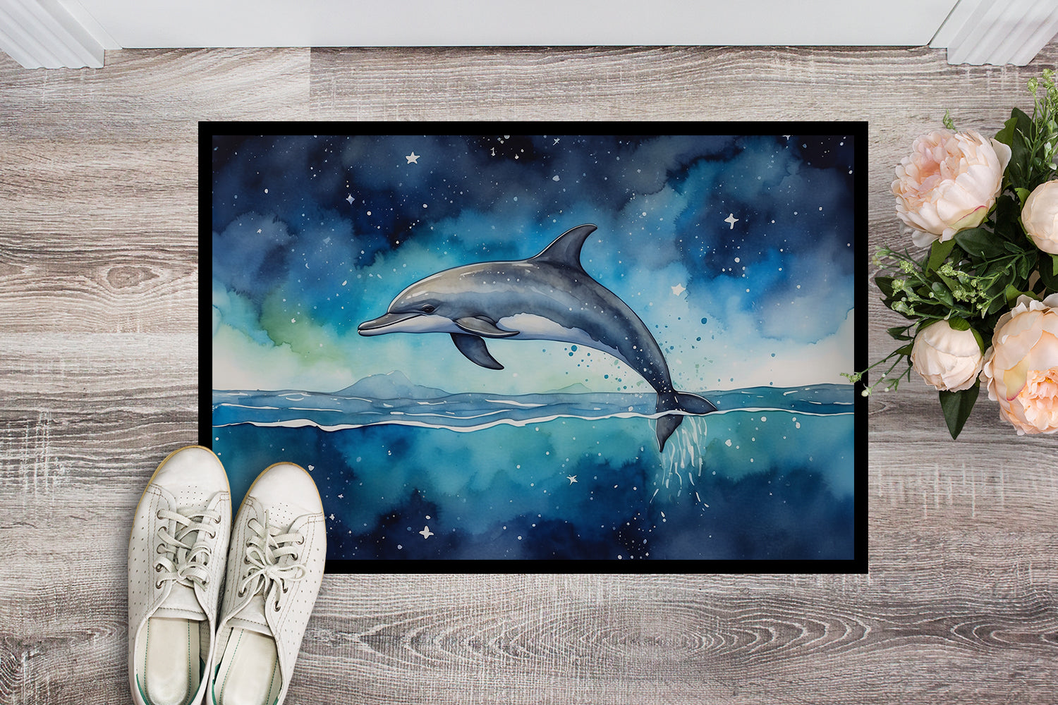 Dolphin in a Starry Sea Doormat Indoor Outdoor 24H X 36W Front Door Mat Rugs for Entryway, Non Slip Washable Low Pile,