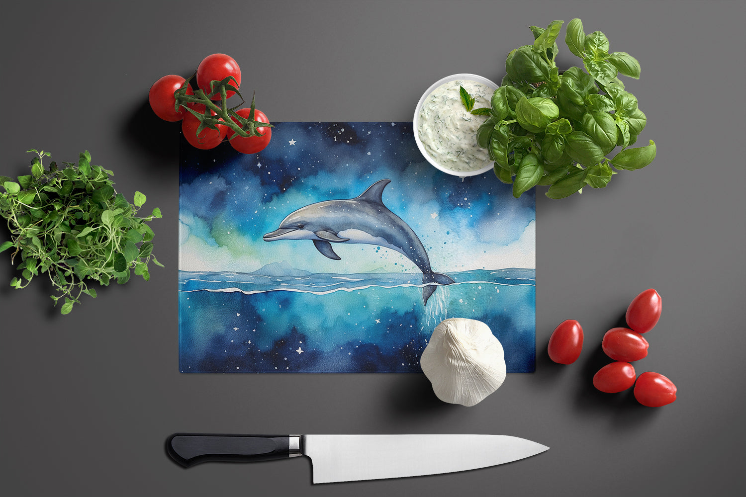 Dolphin in a Starry Sea Cutting Board Tempered Glass Kitchen Cutting Surface, Heat Resistant Chopping, Non-Slip Feet, Food Prep & Serving