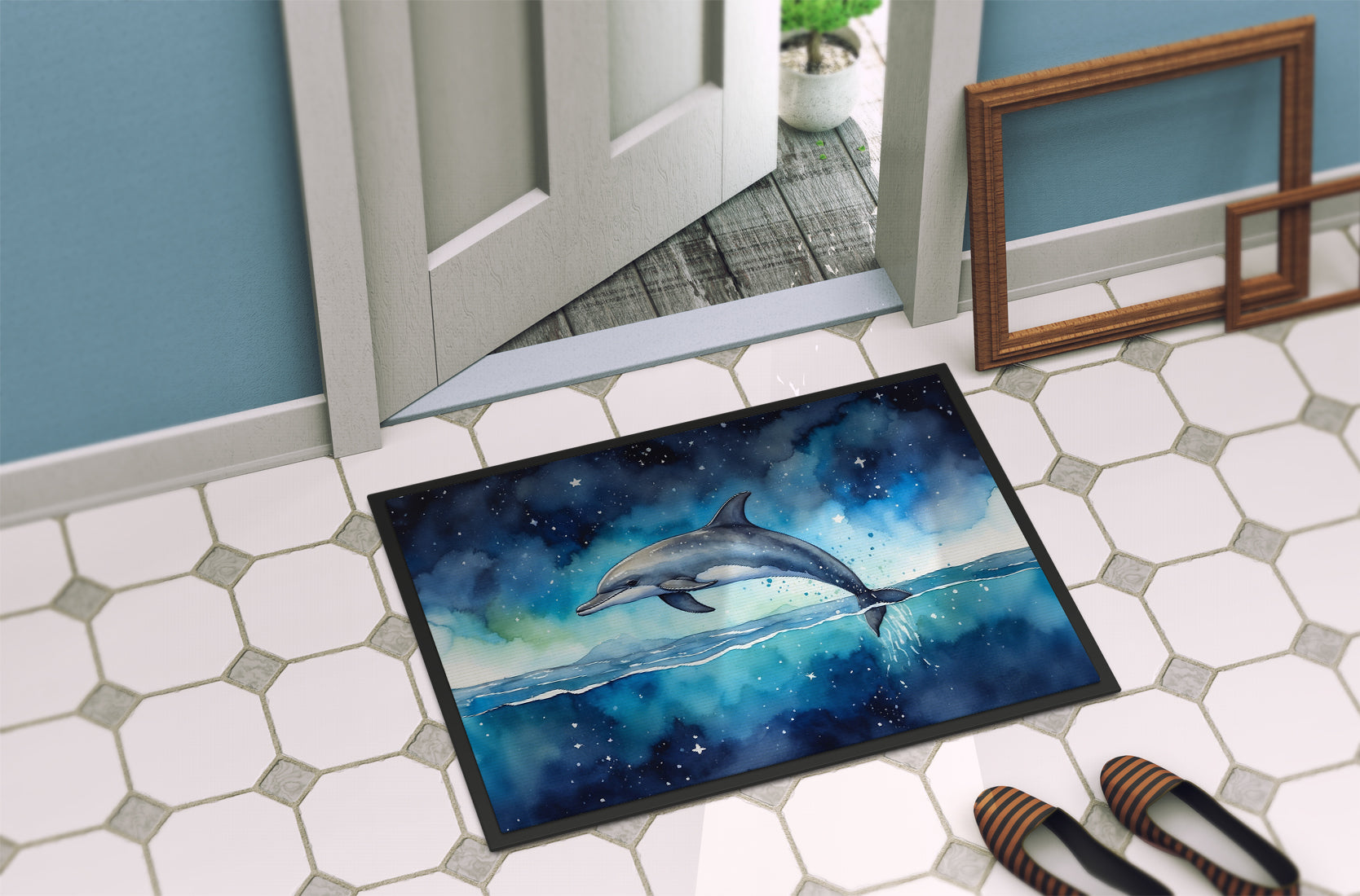 Dolphin in a Starry Sea Doormat Indoor Outdoor 18H X 27W Front Door Mat Rugs for Entryway, Non Slip Washable