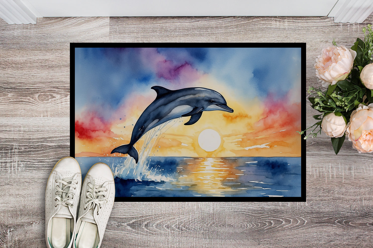 Dolphin Leaping at Sunrise Doormat Indoor Outdoor 24H X 36W Front Door Mat Rugs for Entryway, Non Slip Washable Low Pile,