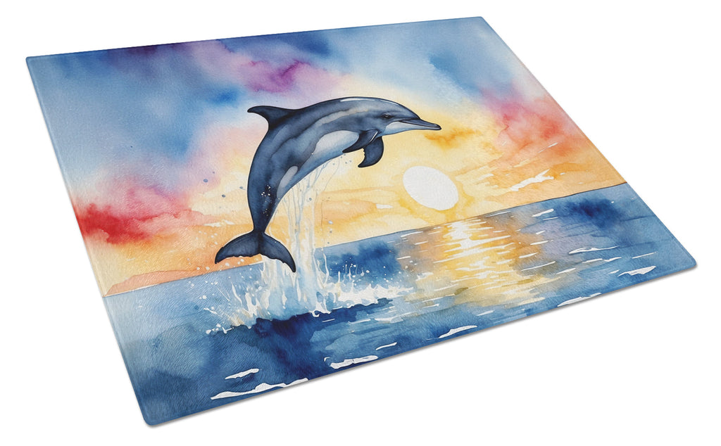 Dolphin Leaping at Sunrise Cutting Board Tempered Glass Kitchen Cutting Surface, Heat Resistant Chopping, Non-Slip Feet, Food Prep & Serving