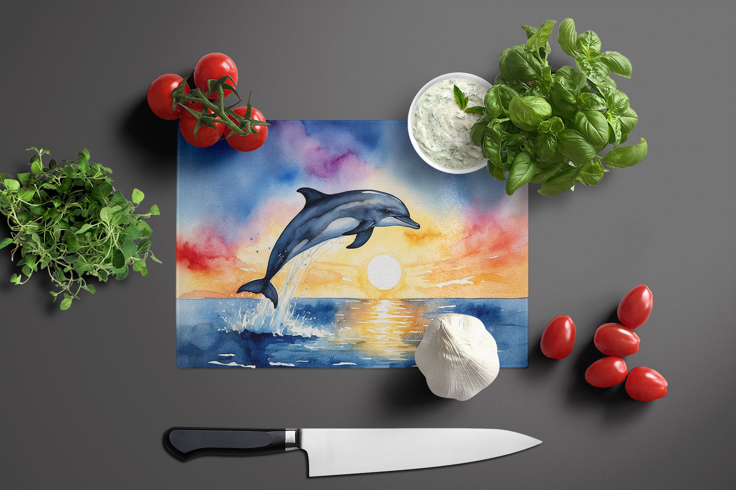Dolphin Leaping at Sunrise Cutting Board Tempered Glass Kitchen Cutting Surface, Heat Resistant Chopping, Non-Slip Feet, Food Prep & Serving
