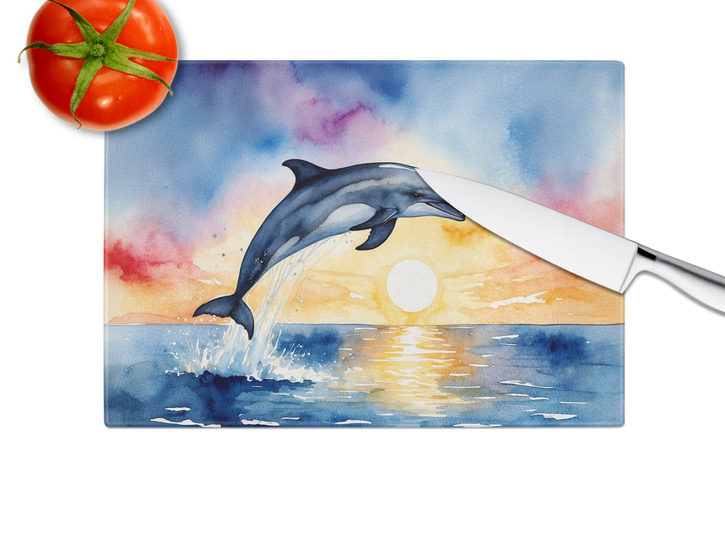 Dolphin Leaping at Sunrise Cutting Board Tempered Glass Kitchen Cutting Surface, Heat Resistant Chopping, Non-Slip Feet, Food Prep & Serving