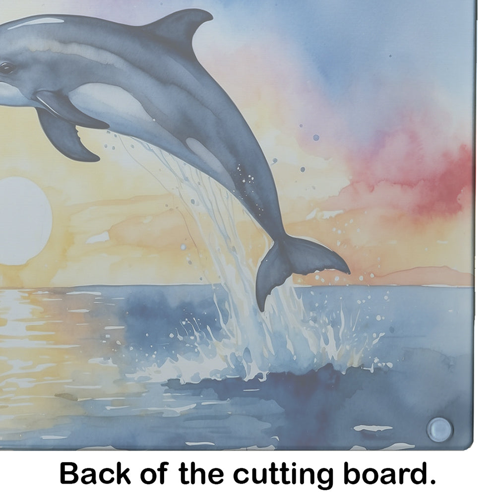 Dolphin Leaping at Sunrise Cutting Board Tempered Glass Kitchen Cutting Surface, Heat Resistant Chopping, Non-Slip Feet, Food Prep & Serving