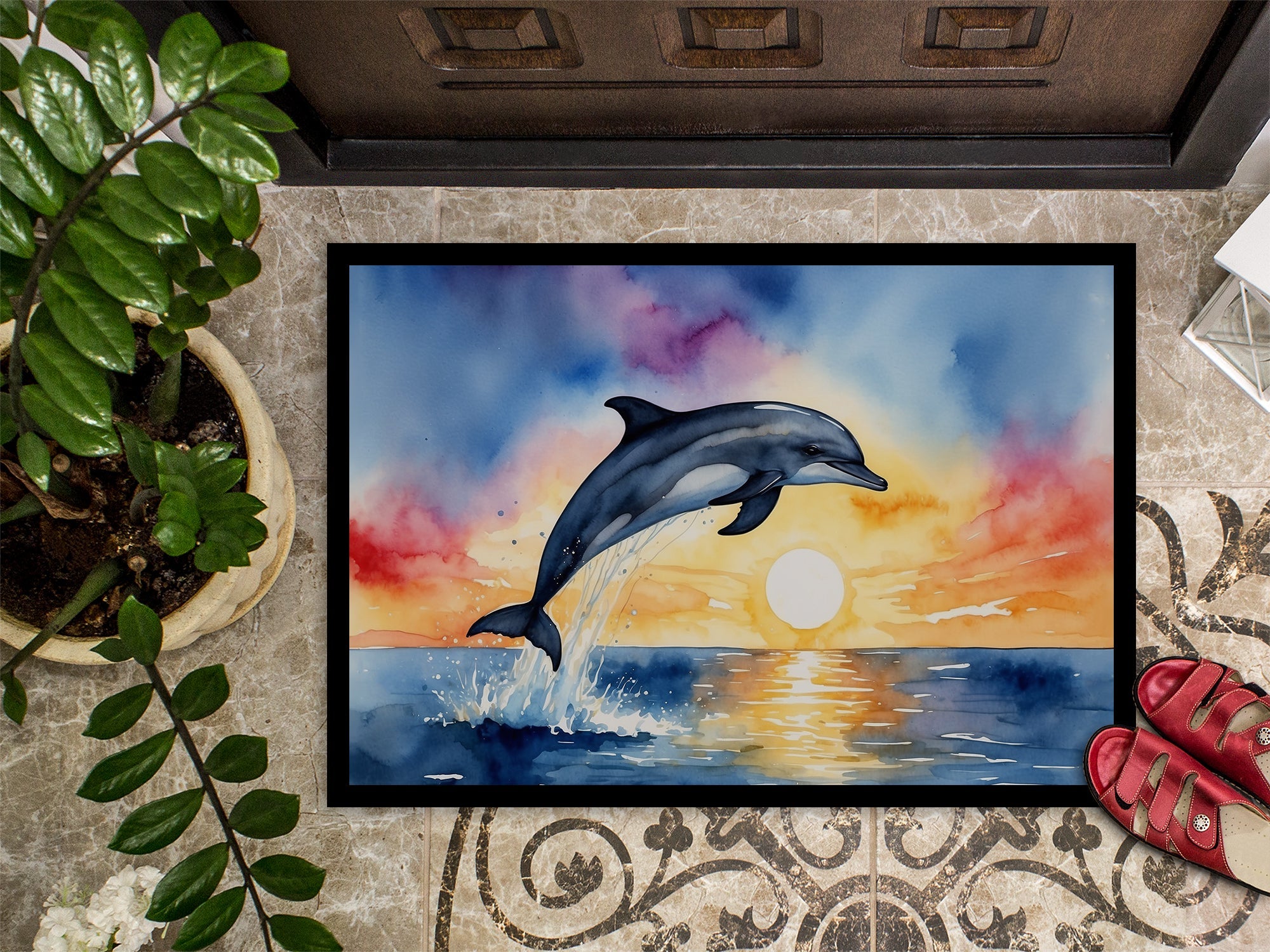 Dolphin Leaping at Sunrise Doormat Indoor Outdoor 18H X 27W Front Door Mat Rugs for Entryway, Non Slip Washable