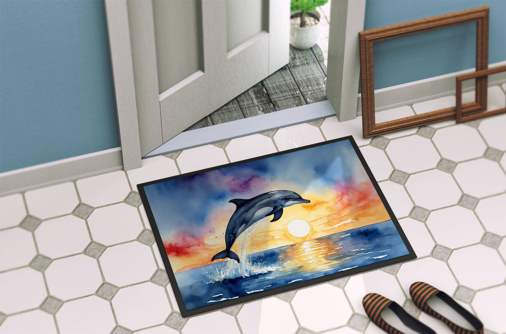 Dolphin Leaping at Sunrise Doormat Indoor Outdoor 18H X 27W Front Door Mat Rugs for Entryway, Non Slip Washable