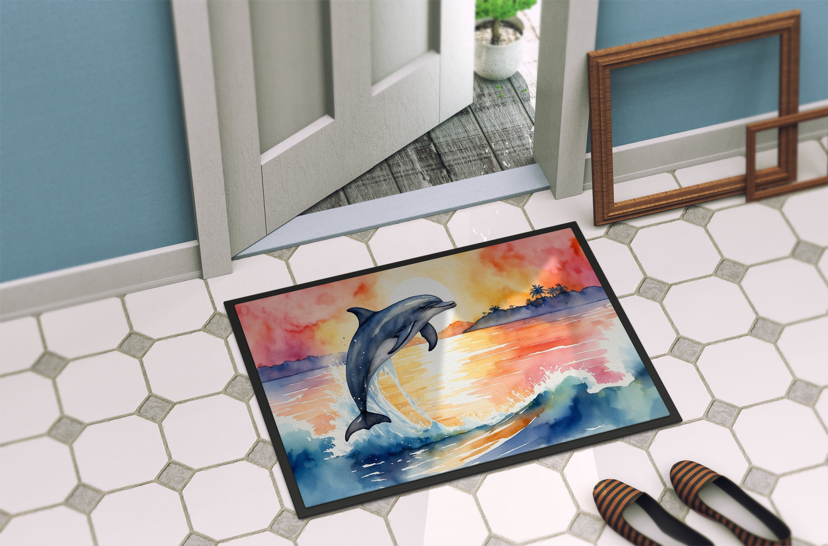Dolphin Leaping at Sunrise Doormat Indoor Outdoor 24H X 36W Front Door Mat Rugs for Entryway, Non Slip Washable Low Pile,