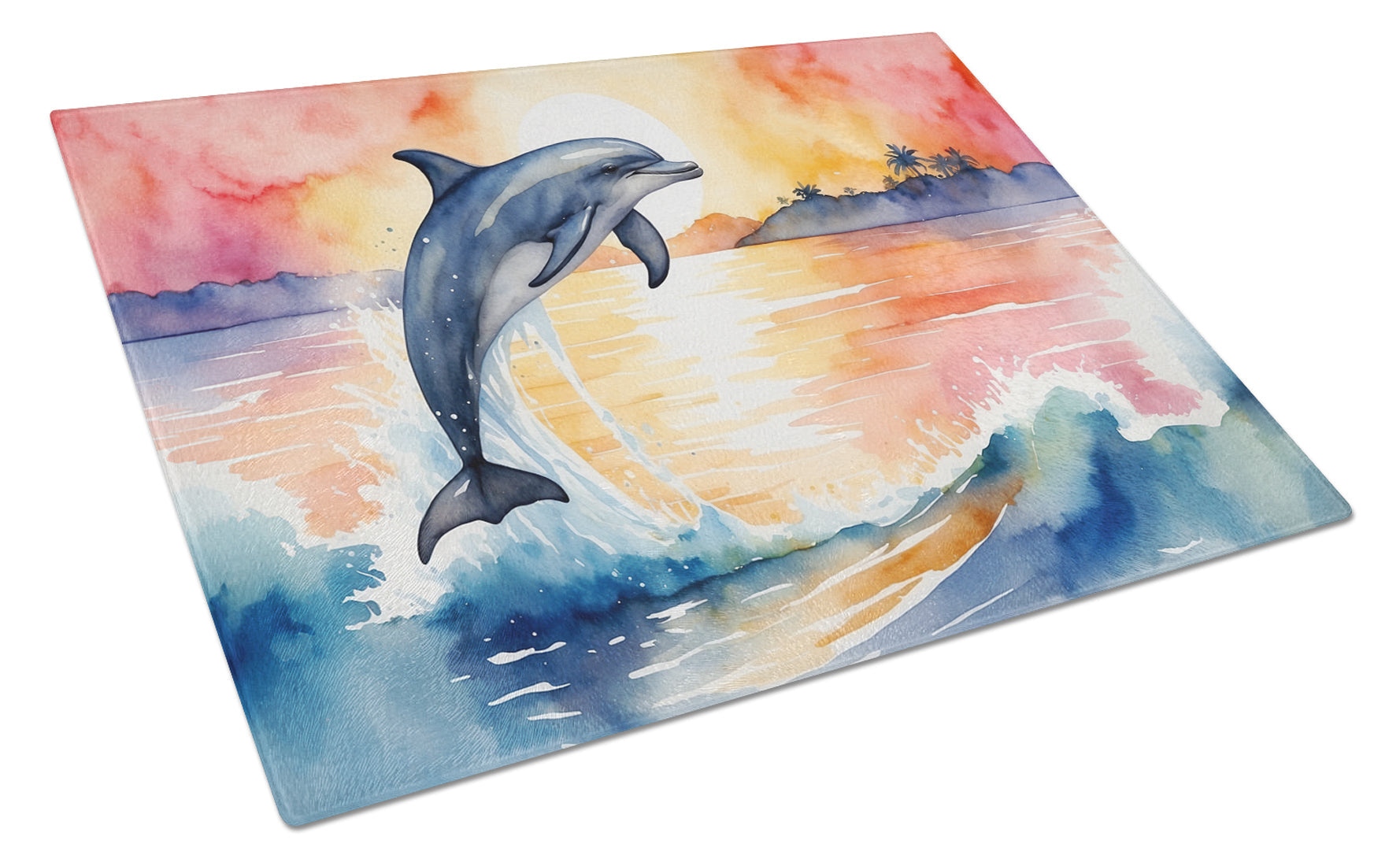 Dolphin Leaping at Sunrise Cutting Board Tempered Glass Kitchen Cutting Surface, Heat Resistant Chopping, Non-Slip Feet, Food Prep & Serving