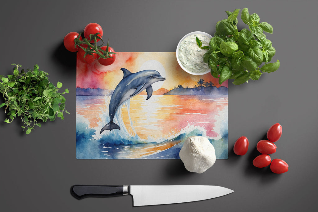 Dolphin Leaping at Sunrise Cutting Board Tempered Glass Kitchen Cutting Surface, Heat Resistant Chopping, Non-Slip Feet, Food Prep & Serving