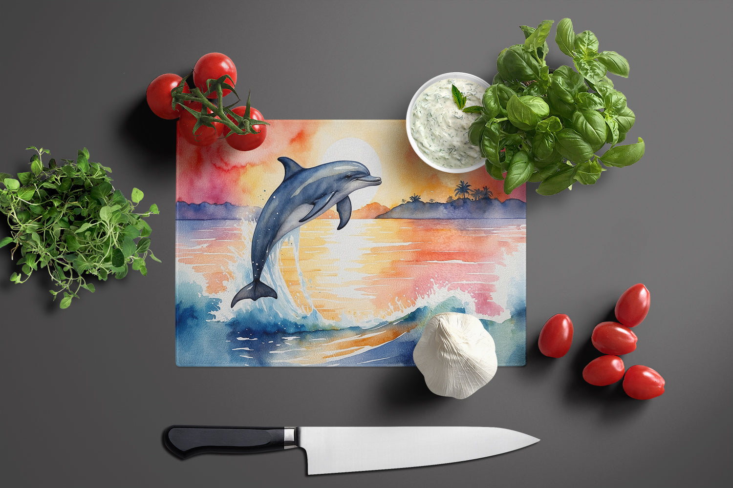 Dolphin Leaping at Sunrise Cutting Board Tempered Glass Kitchen Cutting Surface, Heat Resistant Chopping, Non-Slip Feet, Food Prep & Serving