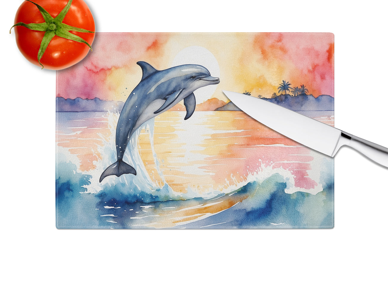 Dolphin Leaping at Sunrise Cutting Board Tempered Glass Kitchen Cutting Surface, Heat Resistant Chopping, Non-Slip Feet, Food Prep & Serving