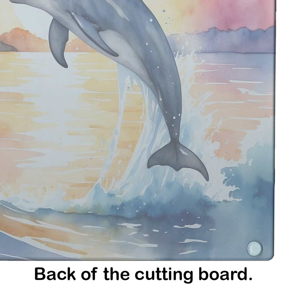 Dolphin Leaping at Sunrise Cutting Board Tempered Glass Kitchen Cutting Surface, Heat Resistant Chopping, Non-Slip Feet, Food Prep & Serving