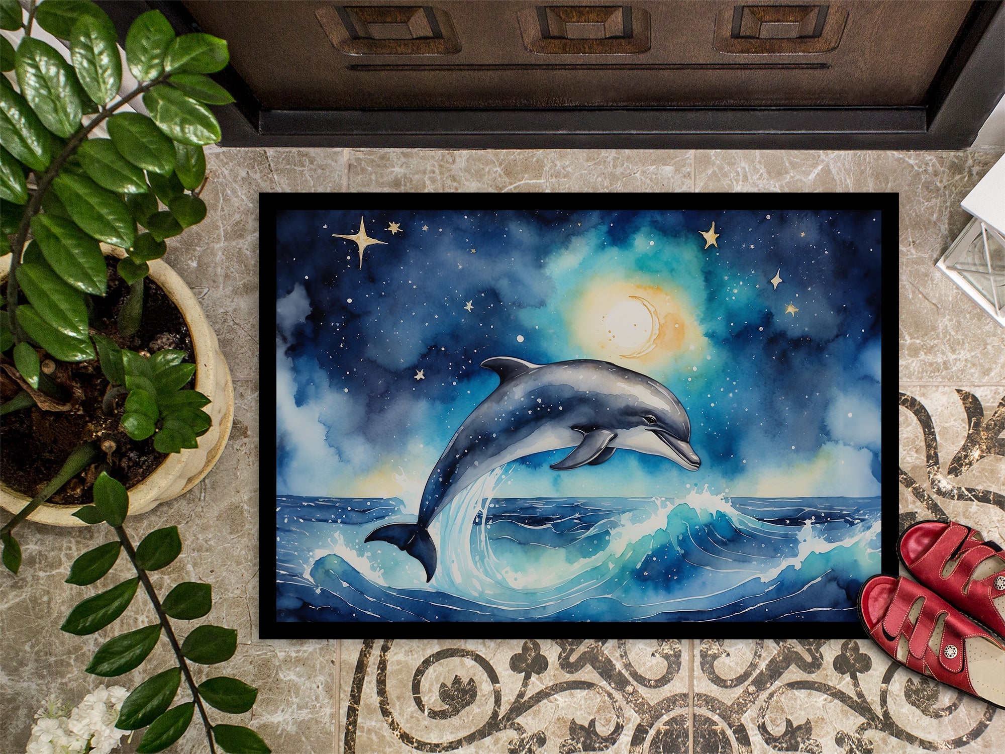 Dolphin in a Starry Sea Doormat Indoor Outdoor 24H X 36W Front Door Mat Rugs for Entryway, Non Slip Washable Low Pile,