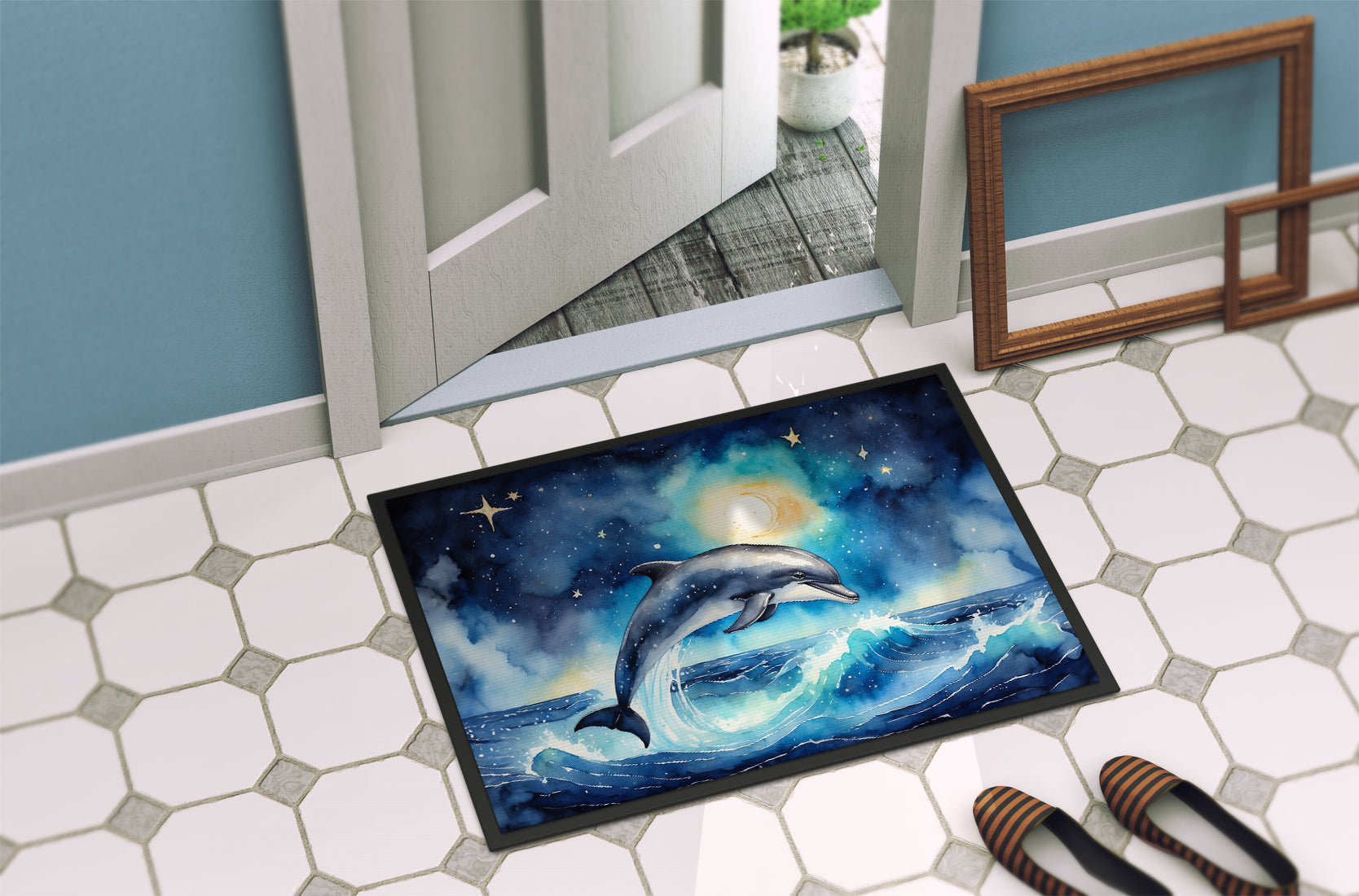 Dolphin in a Starry Sea Doormat Indoor Outdoor 24H X 36W Front Door Mat Rugs for Entryway, Non Slip Washable Low Pile,