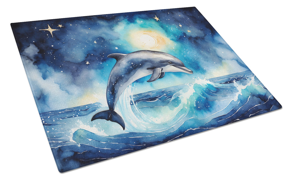 Dolphin in a Starry Sea Cutting Board Tempered Glass Kitchen Cutting Surface, Heat Resistant Chopping, Non-Slip Feet, Food Prep & Serving