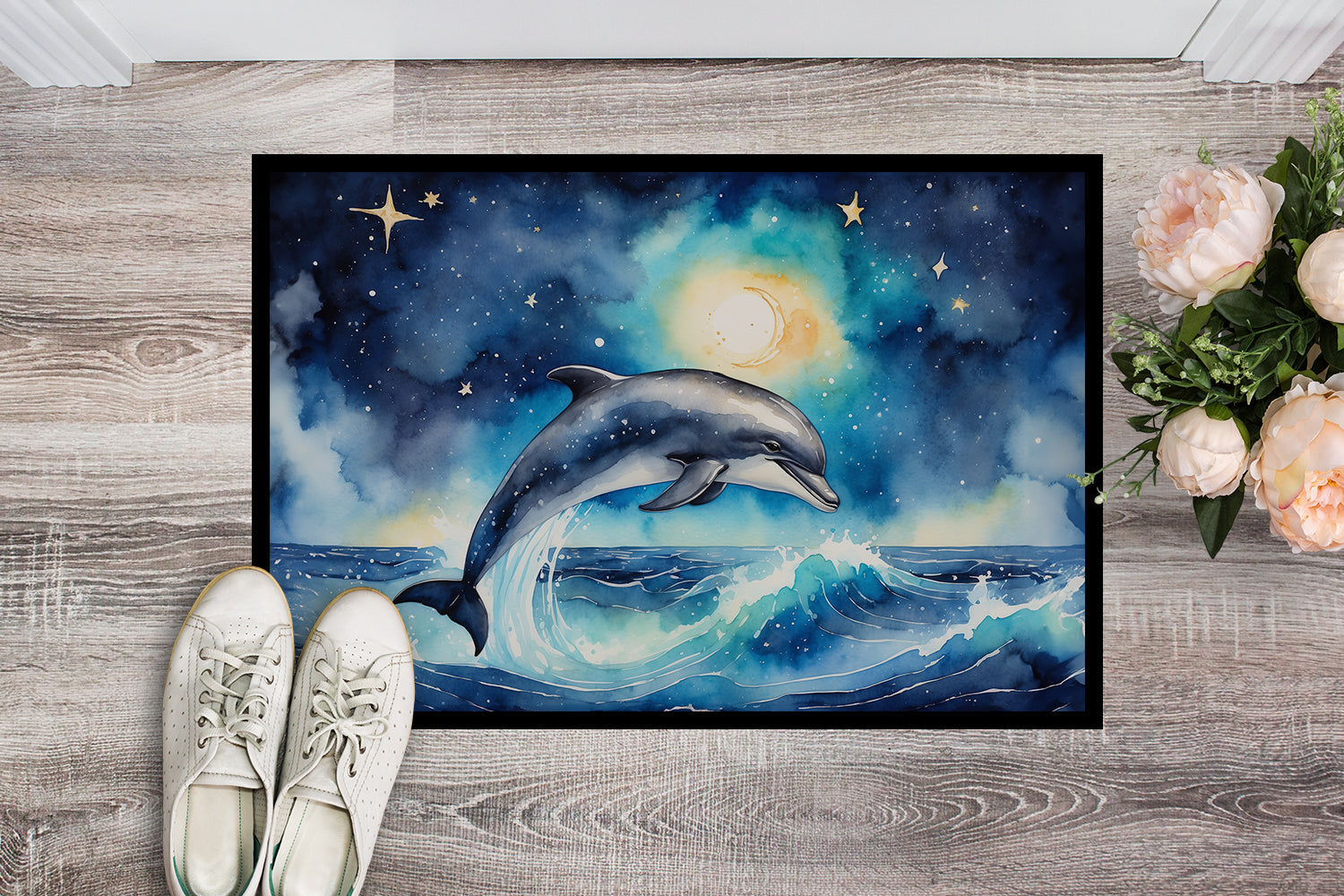 Dolphin in a Starry Sea Doormat Indoor Outdoor 18H X 27W Front Door Mat Rugs for Entryway, Non Slip Washable