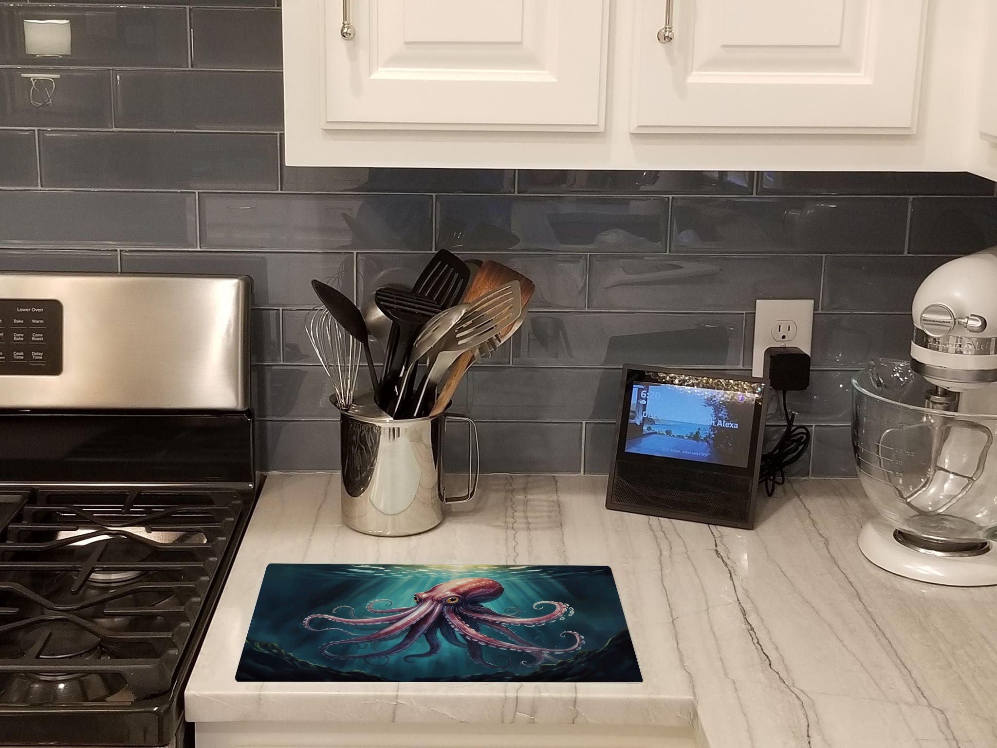 Giant Squid Cutting Board Tempered Glass Kitchen Cutting Surface, Heat Resistant Chopping, Non-Slip Feet, Food Prep & Serving