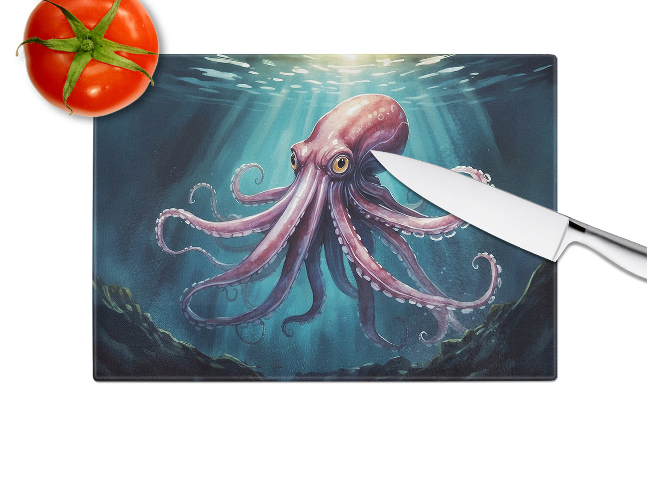 Giant Squid Cutting Board Tempered Glass Kitchen Cutting Surface, Heat Resistant Chopping, Non-Slip Feet, Food Prep & Serving