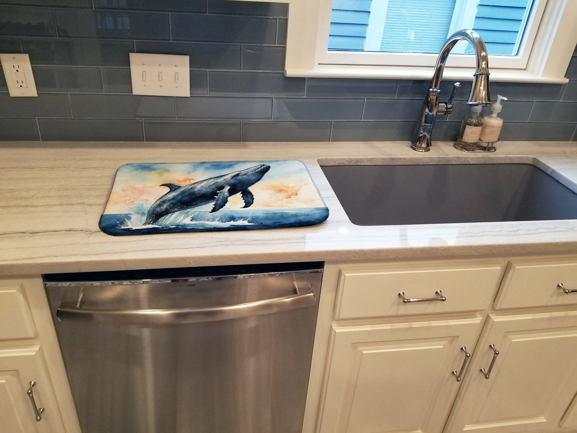 Humpback Whale Breaching Dish Drying Mat Absorbent Dish Drying Mat Pad for Kitchen Counter Dish Drainer Mat for Countertop, 14 x 21", Multicolor