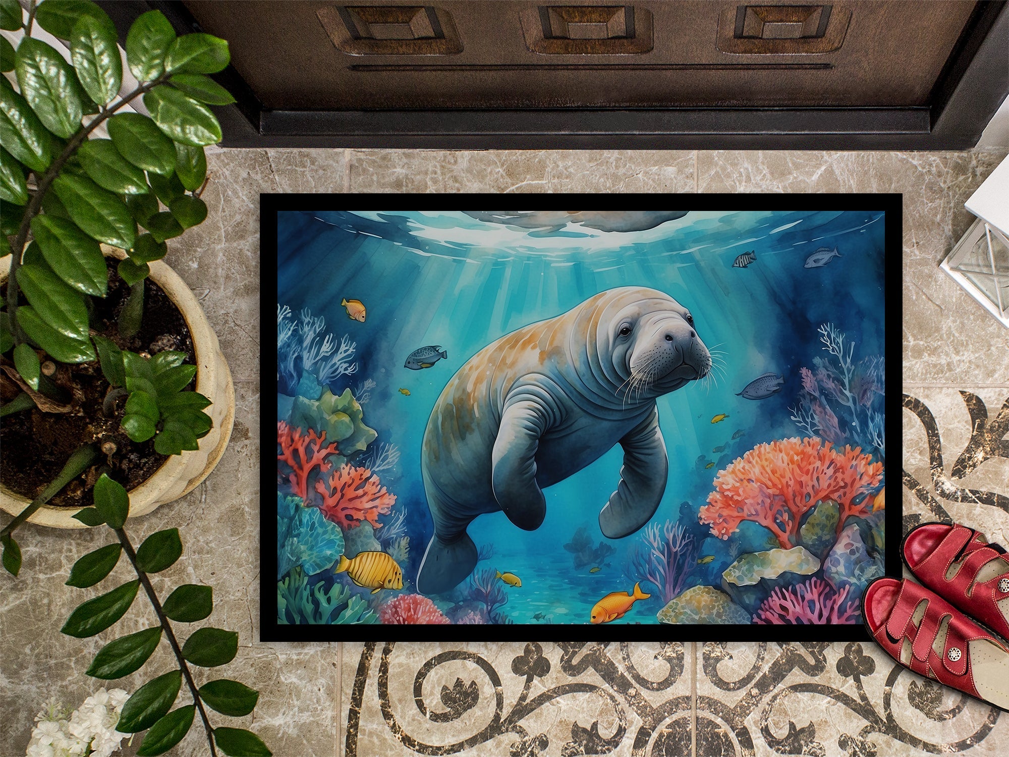 Manatee and Coral Reefs Doormat Indoor Outdoor 24H X 36W Front Door Mat Rugs for Entryway, Non Slip Washable Low Pile,