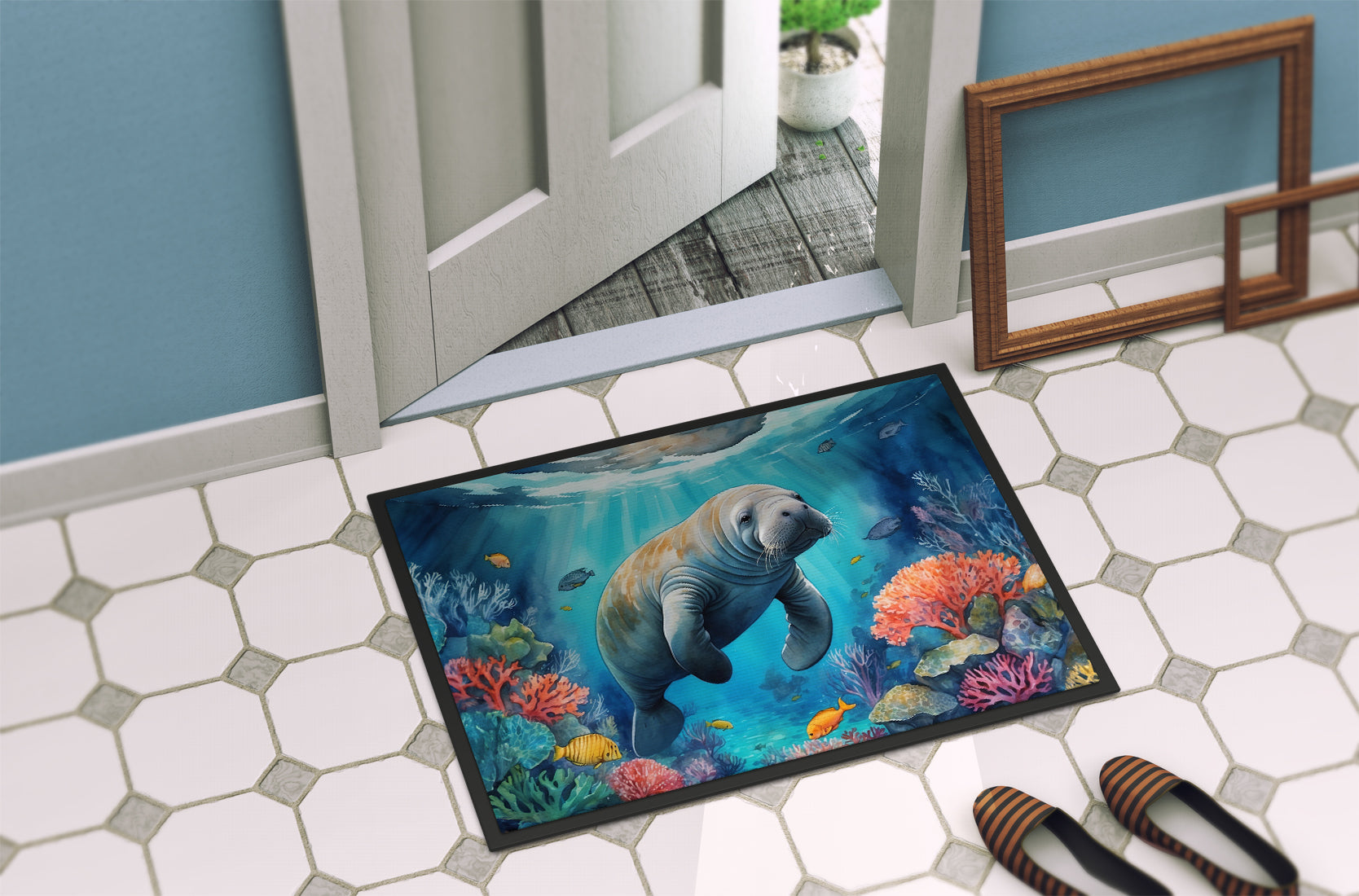 Manatee and Coral Reefs Doormat Indoor Outdoor 24H X 36W Front Door Mat Rugs for Entryway, Non Slip Washable Low Pile,